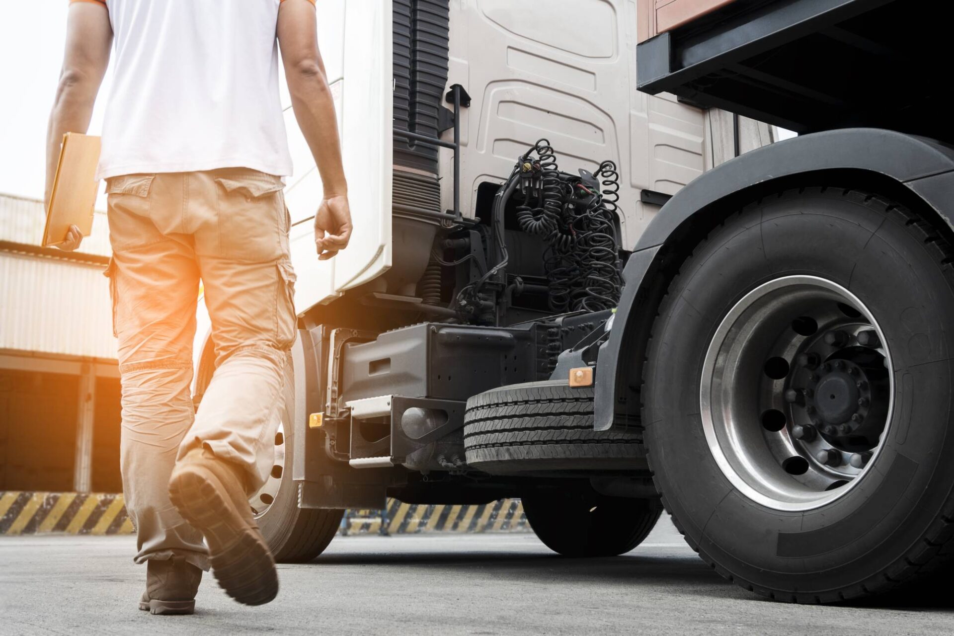 A truck driver walking around semi truck his inspecting and safety check to before driving semi truck.